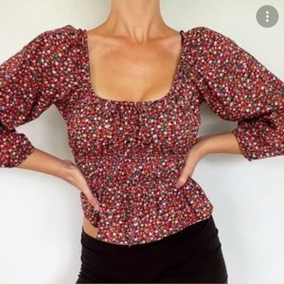 ZARA cotton floral crop top blouse puff sleeves Sz L - Picture 3 of 10